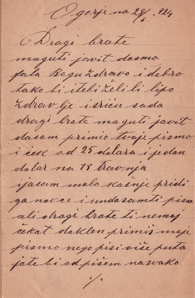 Josip Rađa Ogorje Donje Letter of 28 June 1924