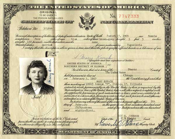 Mary Kovach Naturalization Certificate